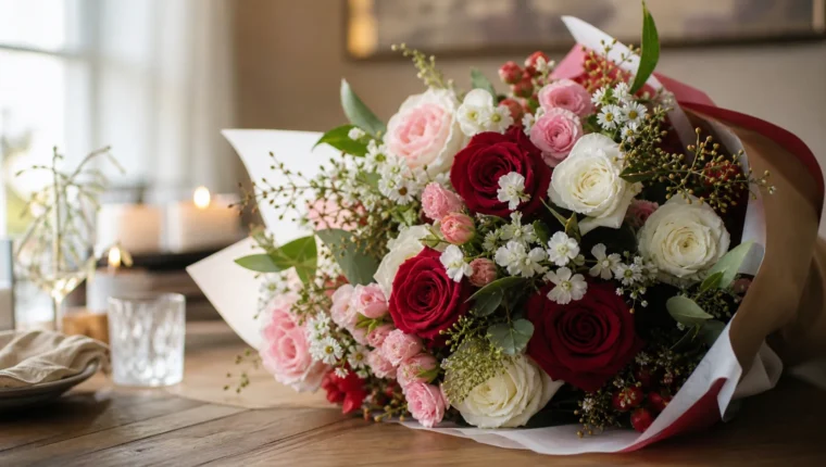 Romantic anniversary bouquet with red pink and white flowers
